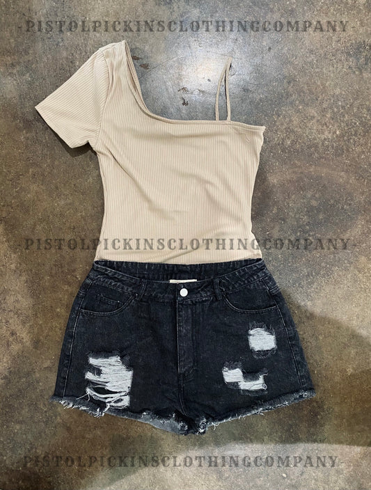 Black Distressed Denim Shorts